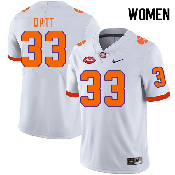 Women's Clemson Tigers Griffin Batt #33 College White NCAA Authentic Football Stitched Jersey 23ZI30OK